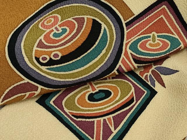 平和屋着物●九寸名古屋帯 作家物 型染 玩具文 独楽 コマ 鬼しぼ縮緬 正絹 逸品 DAAT0444ob