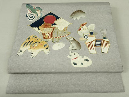平和屋着物●九寸開き名古屋帯 駒刺繍 十二支 金彩 鬼しぼ縮緬 正絹 逸品 DAAT0510ob