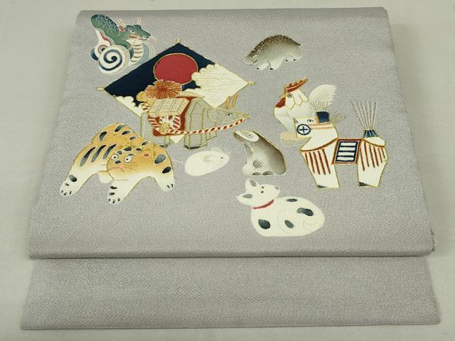 平和屋着物●九寸開き名古屋帯 駒刺繍 十二支 金彩 鬼しぼ縮緬 正絹 逸品 DAAT0510ob