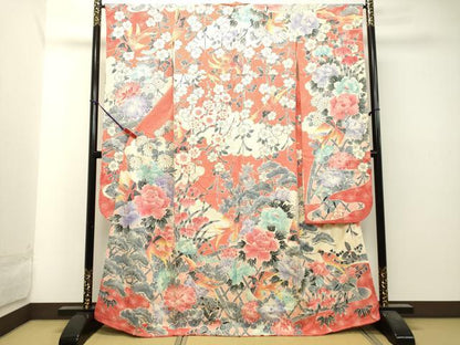 平和屋着物●名門　藤娘きぬたや・総絞り　振袖　総絞り　花鳥文　正絹　逸品　DAAT1024tw