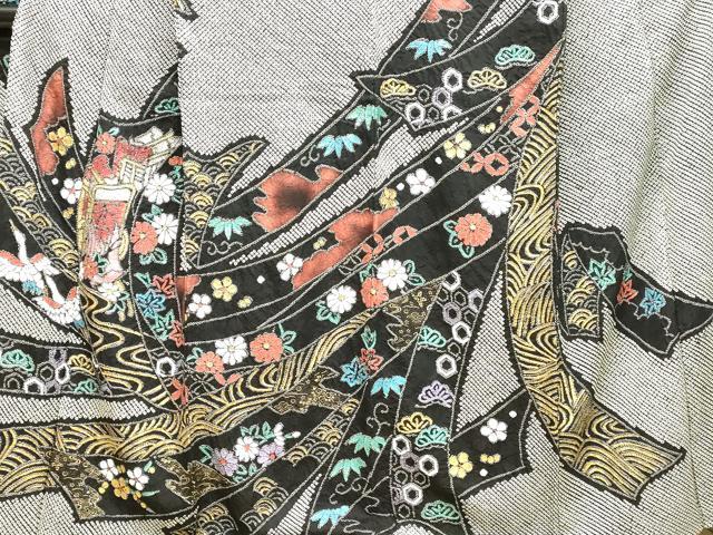 平和屋着物●豪華振袖 総絞り 束ね熨斗御所車飛鶴花文 黒地 金銀彩 正絹 逸品 DAAT1058tw