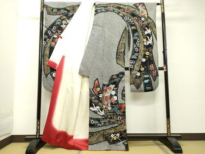 平和屋着物●豪華振袖 総絞り 束ね熨斗御所車飛鶴花文 黒地 金銀彩 正絹 逸品 DAAT1058tw
