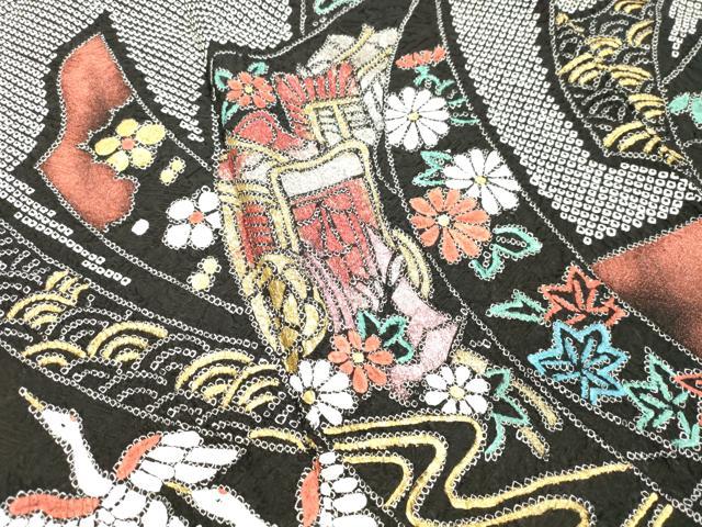 平和屋着物●豪華振袖 総絞り 束ね熨斗御所車飛鶴花文 黒地 金銀彩 正絹 逸品 DAAT1058tw