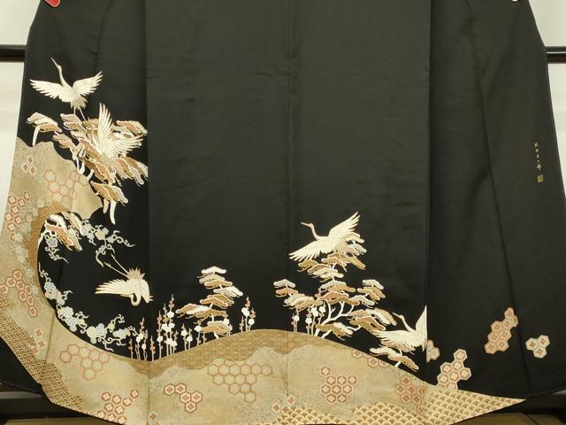 平和屋着物●皇室献上作家　北出与三郎　黒留袖　駒刺繍　飛鶴枝梅松文　金彩　正絹　逸品　DAAT1059tw