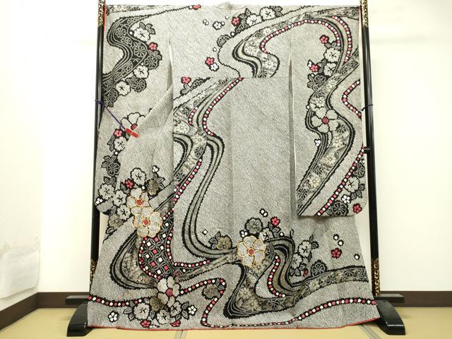 平和屋着物●豪華振袖 総絞り 駒刺繍 流水舞花文 黒地 金彩 正絹 逸品 DAAT1063tｗ