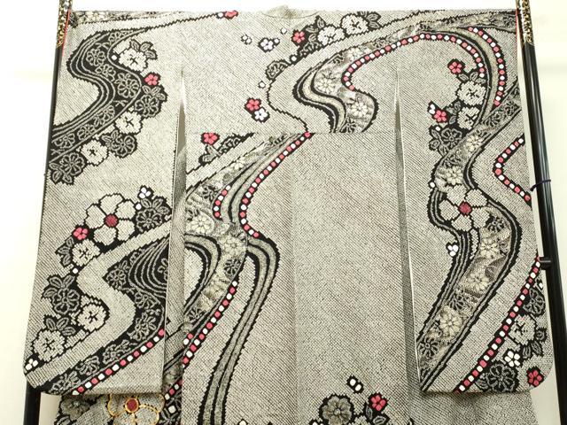 平和屋着物●豪華振袖 総絞り 駒刺繍 流水舞花文 黒地 金彩 正絹 逸品 DAAT1063tｗ
