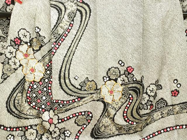 平和屋着物●豪華振袖 総絞り 駒刺繍 流水舞花文 黒地 金彩 正絹 逸品 DAAT1063tｗ