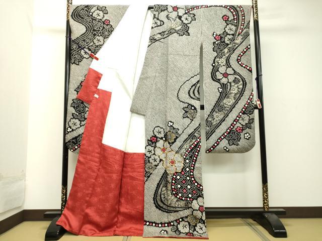 平和屋着物●豪華振袖 総絞り 駒刺繍 流水舞花文 黒地 金彩 正絹 逸品 DAAT1063tｗ