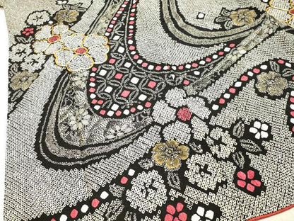 平和屋着物●豪華振袖 総絞り 駒刺繍 流水舞花文 黒地 金彩 正絹 逸品 DAAT1063tｗ