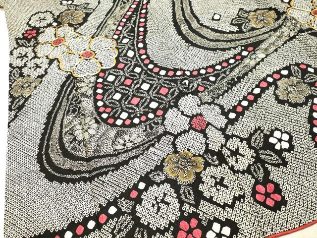 平和屋着物●豪華振袖 総絞り 駒刺繍 流水舞花文 黒地 金彩 正絹 逸品 DAAT1063tｗ