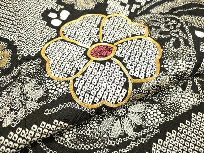 平和屋着物●豪華振袖 総絞り 駒刺繍 流水舞花文 黒地 金彩 正絹 逸品 DAAT1063tｗ
