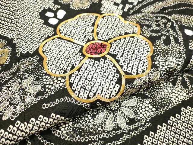 平和屋着物●豪華振袖 総絞り 駒刺繍 流水舞花文 黒地 金彩 正絹 逸品 DAAT1063tｗ