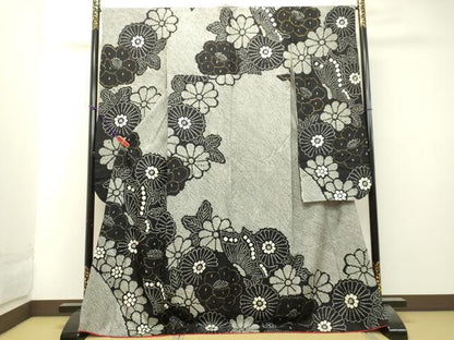 平和屋着物●豪華振袖　総絞り　花蝶文　黒地　金彩　正絹　逸品　DAAT1064tw