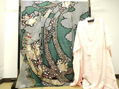 平和屋着物●豪華振袖・長襦袢セット（無双仕立て） 絞り 鳳凰扇面草花文 金銀彩 正絹 逸品 DAAT1085tw