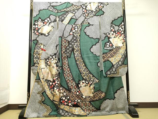 平和屋着物●豪華振袖・長襦袢セット（無双仕立て） 絞り 鳳凰扇面草花文 金銀彩 正絹 逸品 DAAT1085tw