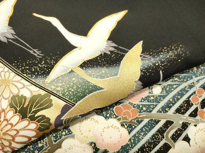 平和屋着物●豪華黒留袖 駒刺繍 立波飛鶴花松文 暈し染め 金彩 正絹 逸品 DAAT1199tw