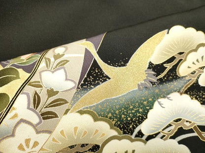 平和屋着物●豪華黒留袖 駒刺繍 立波飛鶴花松文 暈し染め 金彩 正絹 逸品 DAAT1199tw