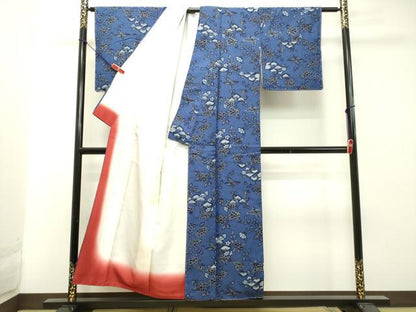 平和屋着物●本藍 型絵染 小紋 紬地 花鳥文 正絹 逸品 DAAT1298tw
