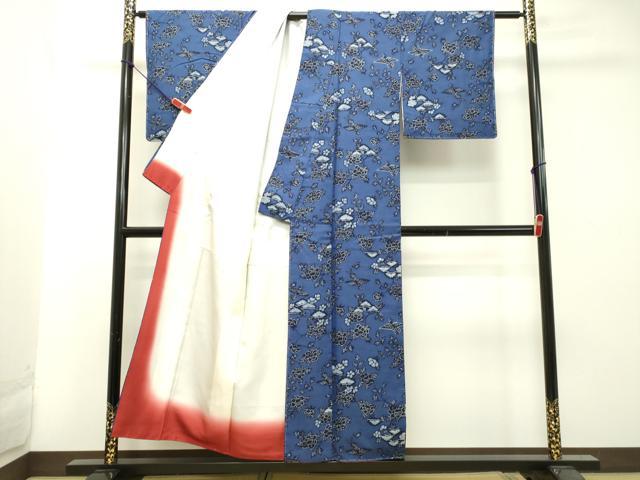 平和屋着物●本藍 型絵染 小紋 紬地 花鳥文 正絹 逸品 DAAT1298tw