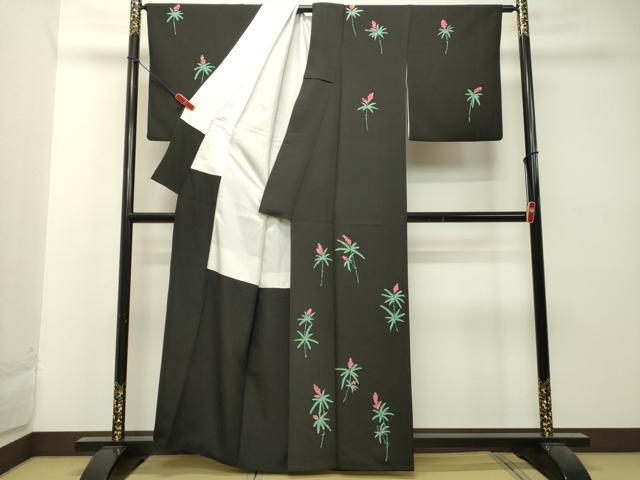 平和屋着物●訪問着 ろうけつ染め 草花文 黒地 正絹 逸品 DAAT1378tw