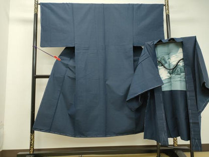 平和屋着物●男性　紬　青藍色　アンサンブル　正絹　逸品　DAAT1403tw