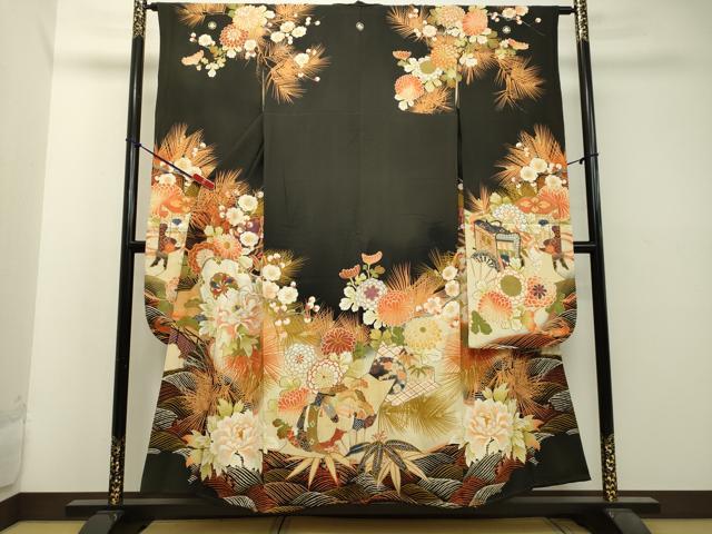 平和屋着物●アンティーク 大正ロマン 振袖 駒刺繍 草花笹松文 黒地 金彩 正絹 逸品 DAAT1414tw