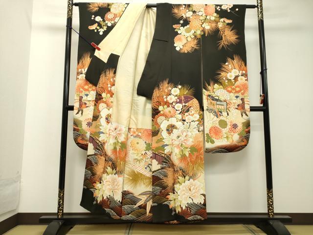 平和屋着物●アンティーク 大正ロマン 振袖 駒刺繍 草花笹松文 黒地 金彩 正絹 逸品 DAAT1414tw