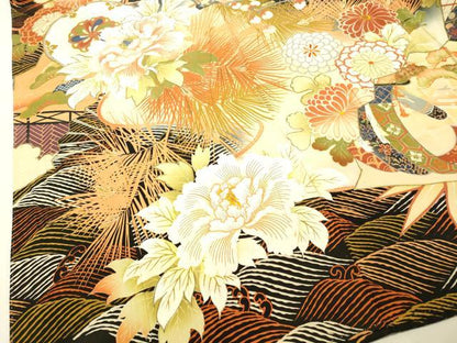 平和屋着物●アンティーク 大正ロマン 振袖 駒刺繍 草花笹松文 黒地 金彩 正絹 逸品 DAAT1414tw