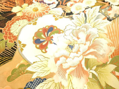 平和屋着物●アンティーク 大正ロマン 振袖 駒刺繍 草花笹松文 黒地 金彩 正絹 逸品 DAAT1414tw