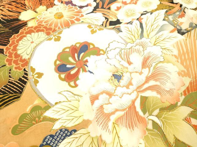 平和屋着物●アンティーク 大正ロマン 振袖 駒刺繍 草花笹松文 黒地 金彩 正絹 逸品 DAAT1414tw
