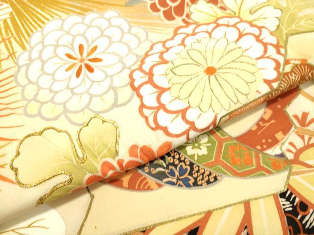 平和屋着物●アンティーク 大正ロマン 振袖 駒刺繍 草花笹松文 黒地 金彩 正絹 逸品 DAAT1414tw