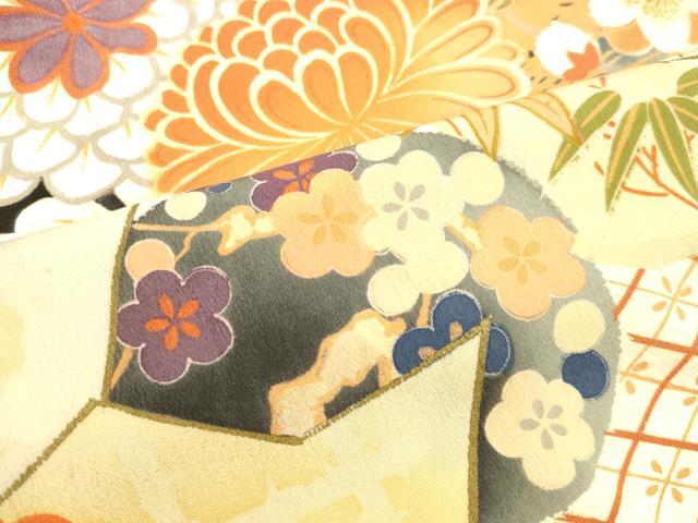 平和屋着物●アンティーク 大正ロマン 振袖 駒刺繍 草花笹松文 黒地 金彩 正絹 逸品 DAAT1414tw