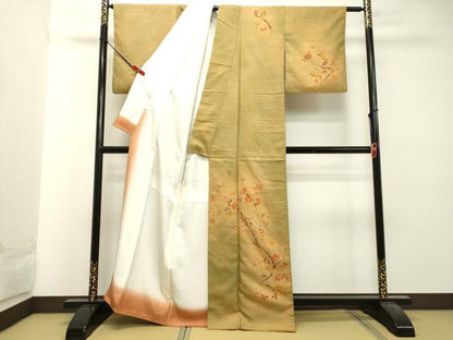 平和屋着物●訪問着 紬地 刺繍 枝花文 金糸 正絹 逸品 DAAT1466tw