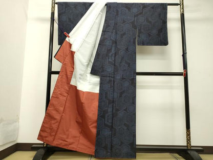 平和屋着物●結城紬　亀甲草花文　正絹　逸品　DAAT1469tw