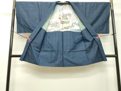 平和屋着物●男性　紬　アンサンブル　青藍色　正絹　逸品　DAAT1511tw