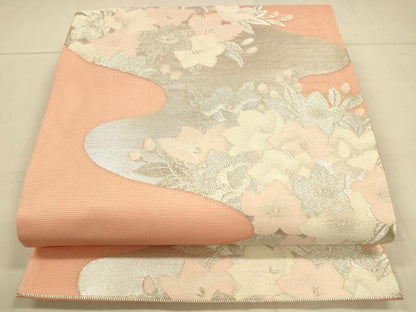 平和屋着物＊夏物 六通柄袋帯 流水草花文 銀糸 正絹 逸品 DAAT1573cm