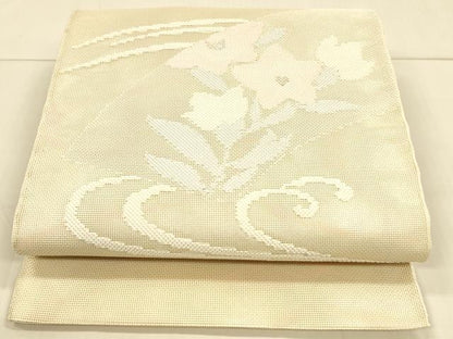 平和屋着物＊夏物　太鼓柄袋帯　流水地紙草花文　銀糸　正絹　逸品　DAAT1577cm