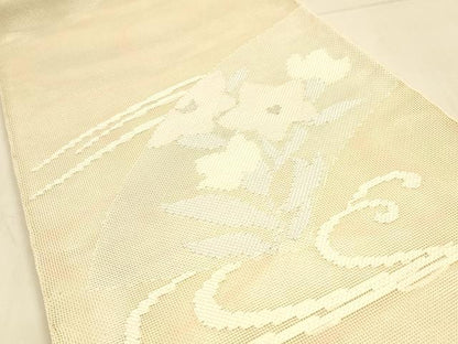 平和屋着物＊夏物　太鼓柄袋帯　流水地紙草花文　銀糸　正絹　逸品　DAAT1577cm