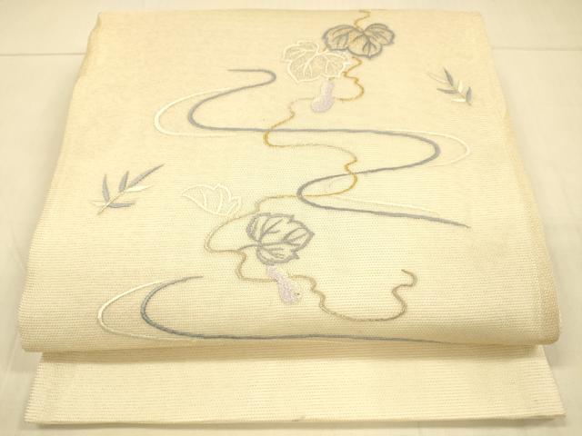 平和屋着物＊夏物 太鼓柄袋帯 総刺繍 瓢箪蔦の葉文 金銀糸 正絹 逸品 DAAT1619cm
