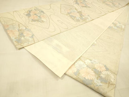 平和屋着物＊夏物　六通柄袋帯　流水地紙草花文　金銀糸　正絹　逸品　DAAT1862cm