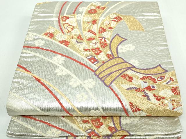 平和屋着物◎六通柄袋帯　唐織　束ね熨斗飛鶴花文　金銀糸　正絹　逸品　DAAT2222qa