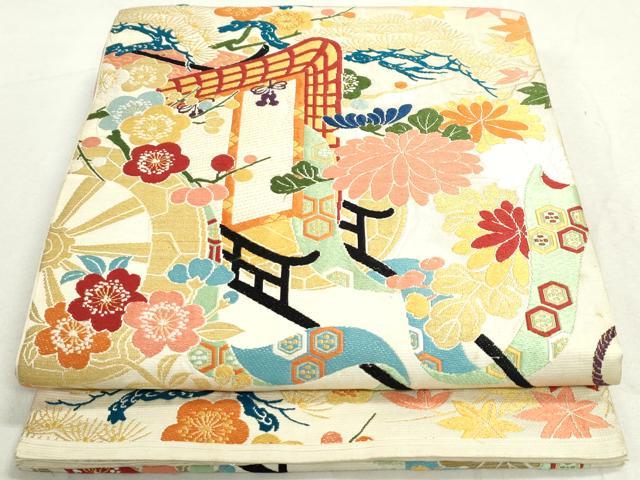 平和屋着物◎太鼓柄　本袋帯　唐織　御所車枝梅文　金糸　正絹　逸品　DAAT2333qa