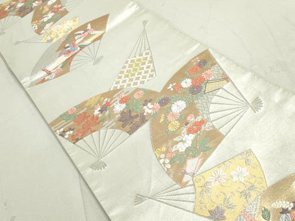 平和屋着物◎六通柄袋帯 唐織 扇面草花文 金銀糸 正絹 逸品 DAAT2362qa