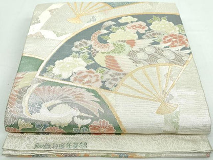 平和屋着物◎佐賀錦　六通柄袋帯　扇面孔雀花文　金銀糸　正絹　逸品　DAAT2417qa