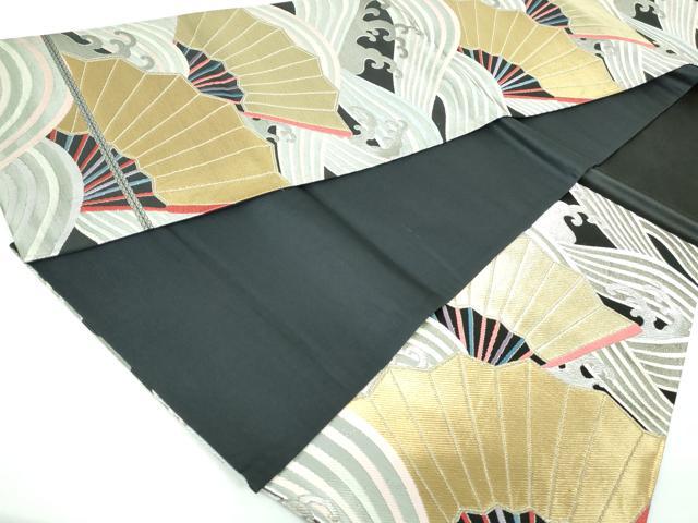 平和屋着物◎六通柄袋帯　唐織　扇面立波文　黒地　金銀糸　正絹　逸品　DAAT2428qa