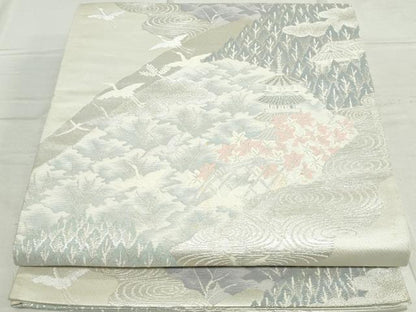 平和屋着物◎六通柄袋帯　唐織　風景花松文　飛鶴　銀糸　正絹　逸品　DAAT2492qa
