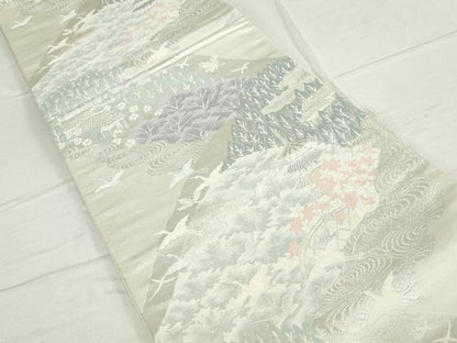 平和屋着物◎六通柄袋帯　唐織　風景花松文　飛鶴　銀糸　正絹　逸品　DAAT2492qa