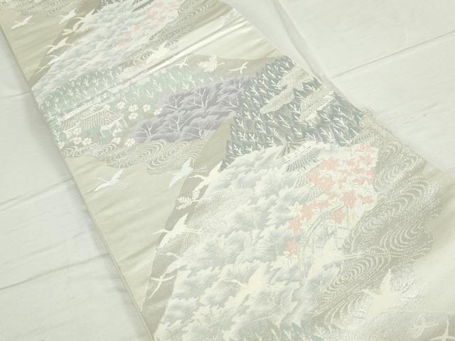 平和屋着物◎六通柄袋帯　唐織　風景花松文　飛鶴　銀糸　正絹　逸品　DAAT2492qa