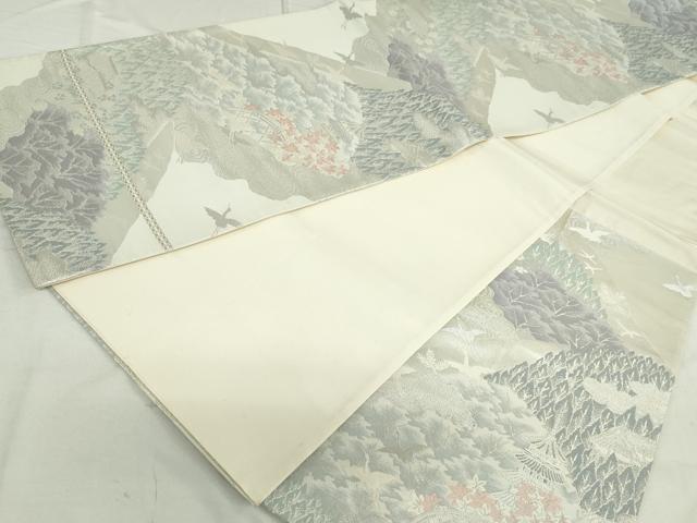 平和屋着物◎六通柄袋帯　唐織　風景花松文　飛鶴　銀糸　正絹　逸品　DAAT2492qa