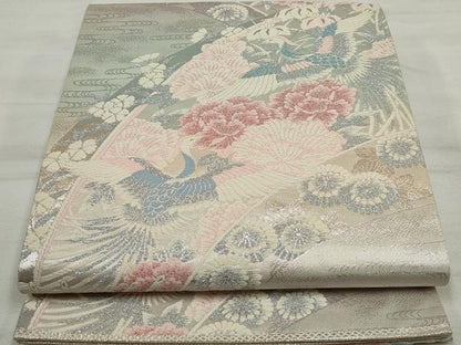 平和屋着物◎六通柄袋帯　唐織　花鳥文　銀糸　正絹　逸品　DAAT2967qa